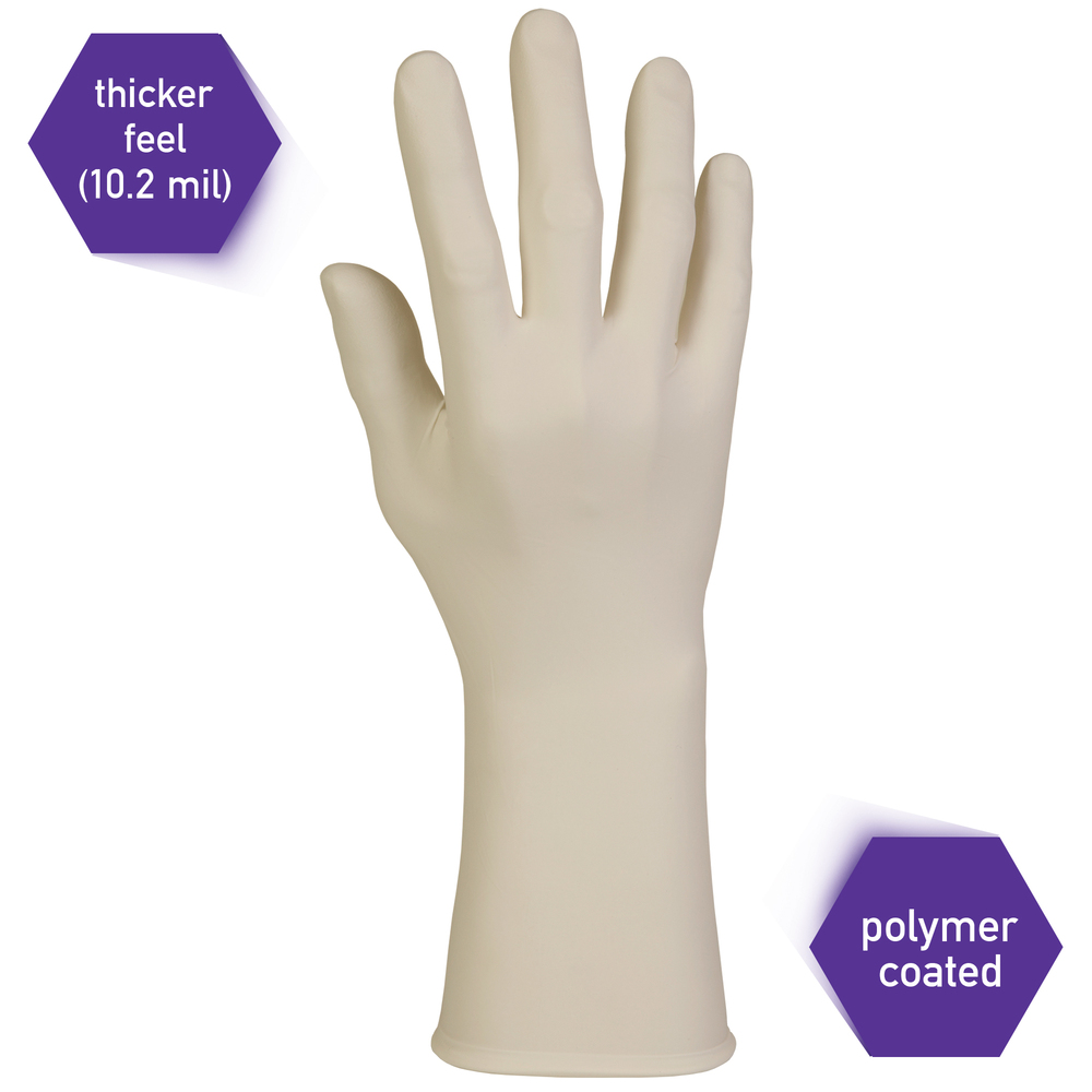 Kimtech™  PFE-Xtra Latex Exam Gloves (50502), 10.2 Mil, Ambidextrous, 12”, Medium, Natural Color, 50 / Box, 10 Boxes, 500 Gloves / Case - 50502