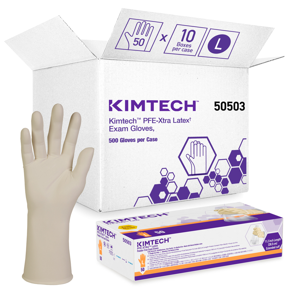 Kimtech™ PFEエクストララテックス実験用手袋（50503）、10.2ミル、左右兼用、12インチ、Lサイズ、ナチュラルカラー、50枚/箱、10箱、500組/ケース - 50503