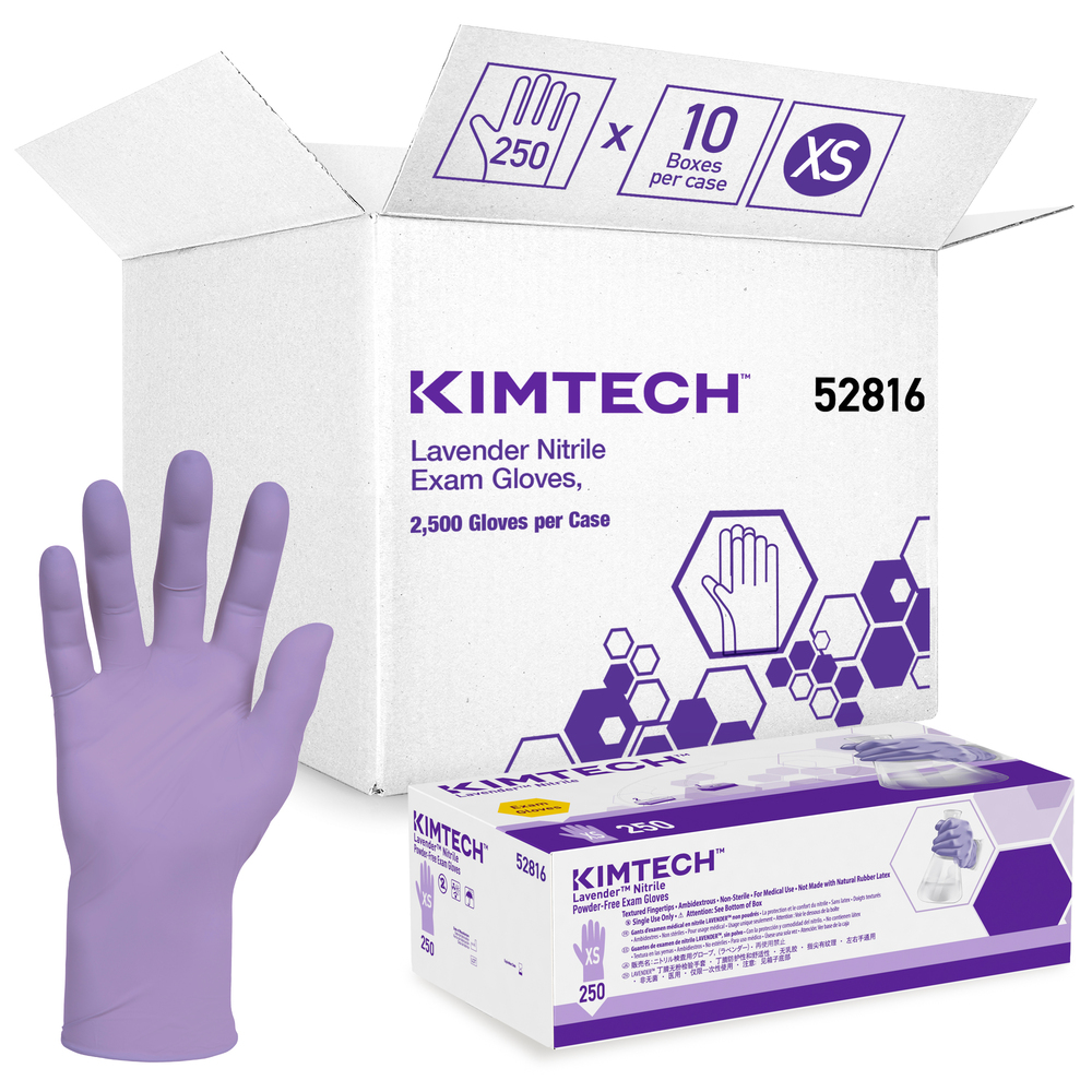 Kimtech™ ラベンダーニトリル実験用手袋（52816）、薄型ミル、2.8ミル、左右兼用、9.5インチ、XSサイズ、250枚/箱、10箱、2,500組/ケース - 52816