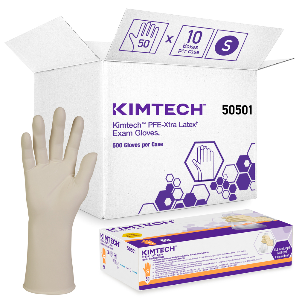 Kimtech™  PFE-Xtra Latex Exam Gloves (50501), 10.2 Mil, Ambidextrous, 12”, Small, Natural Color, 50 / Box, 10 Boxes, 500 Gloves / Case - 50501