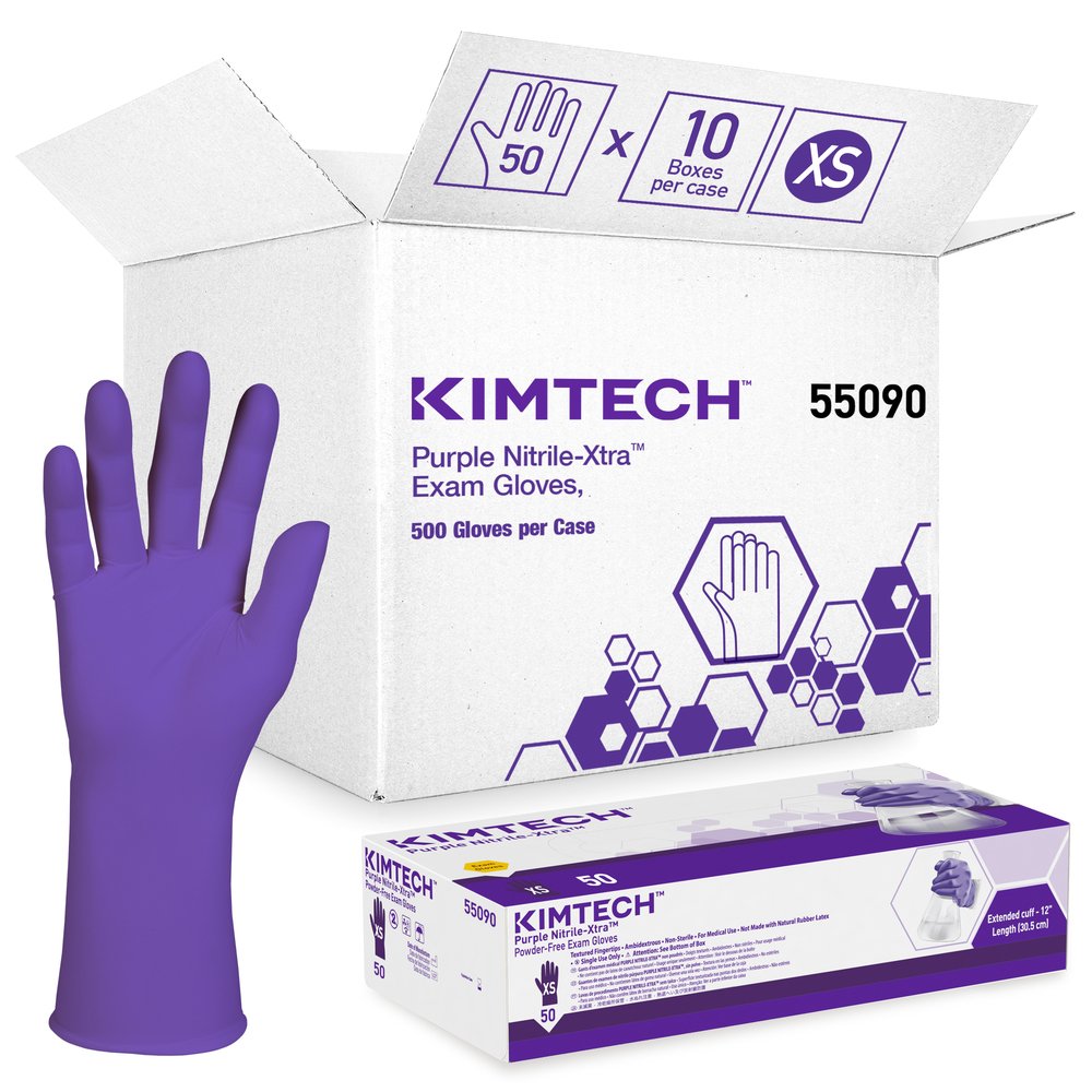 Kimtech™パープルNitrile-Xtra™実験用手袋（50690）、5.9ミル、左右兼用、12インチ、XSサイズ、50組（ニトリル）/箱、10箱/ケース、500枚/ケース - 55090