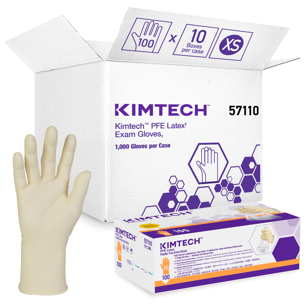 Kimtech™ PFEラテックス実験用手袋（57110）、6.7ミル、左右兼用、9.5インチ、XSサイズ、ナチュラルカラー、100枚/箱、10箱、1,000組/ケース - 57110