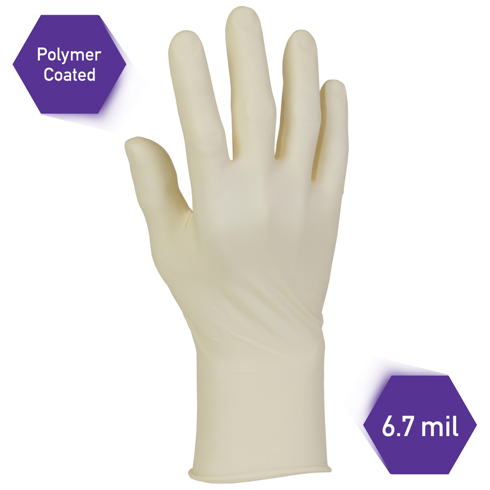 Kimtech™ PFEラテックス実験用手袋（57110）、6.7ミル、左右兼用、9.5インチ、XSサイズ、ナチュラルカラー、100枚/箱、10箱、1,000組/ケース - 57110
