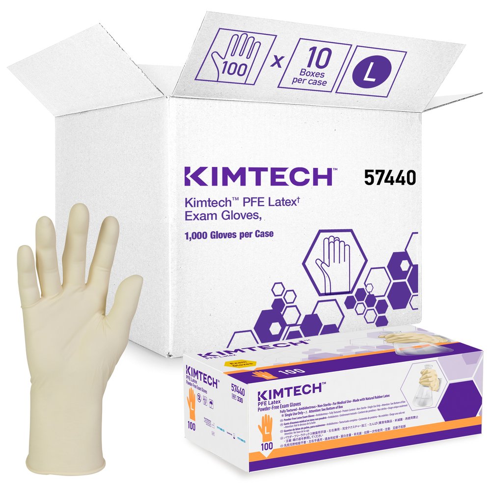 Kimtech™ PFEラテックス実験用手袋（57440）、6.7ミル、左右兼用、9.5インチ、Lサイズ、ナチュラルカラー、100枚/箱、10箱、1,000組/ケース - 57440